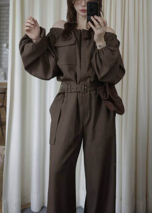 off shoulder shirring blousing all-in-one