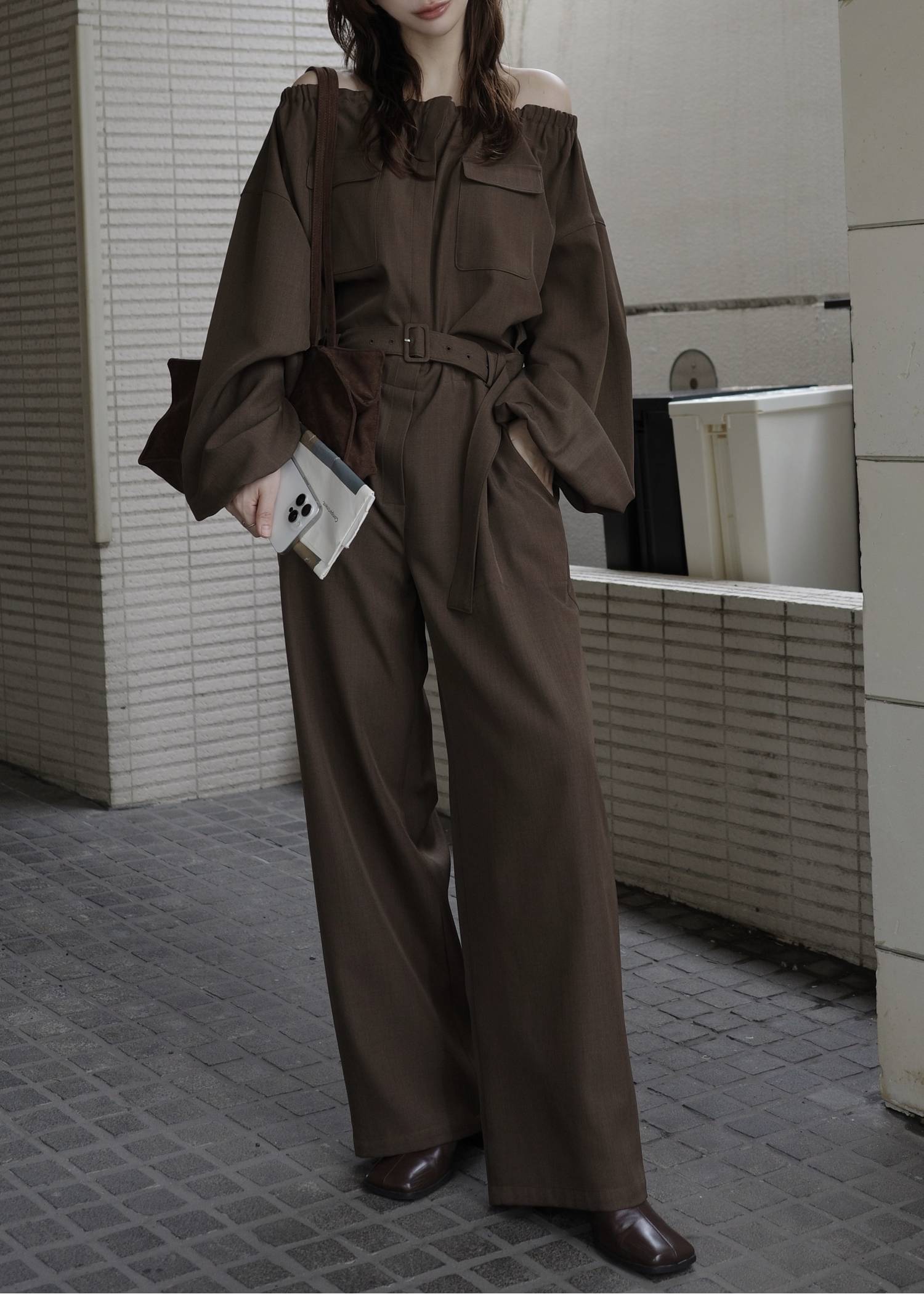 off shoulder shirring blousing all-in-one