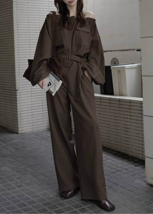 off shoulder shirring blousing all-in-one