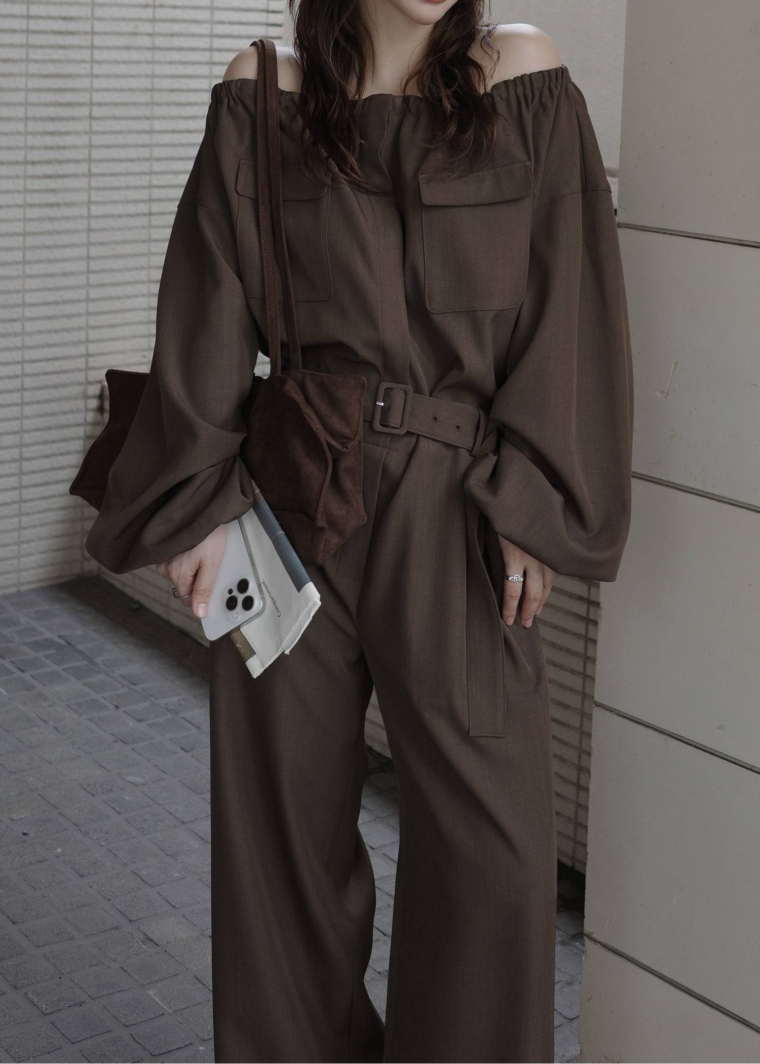 off shoulder shirring blousing all-in-one