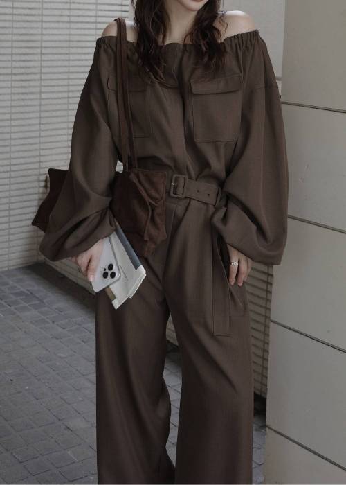 off shoulder shirring blousing all-in-one