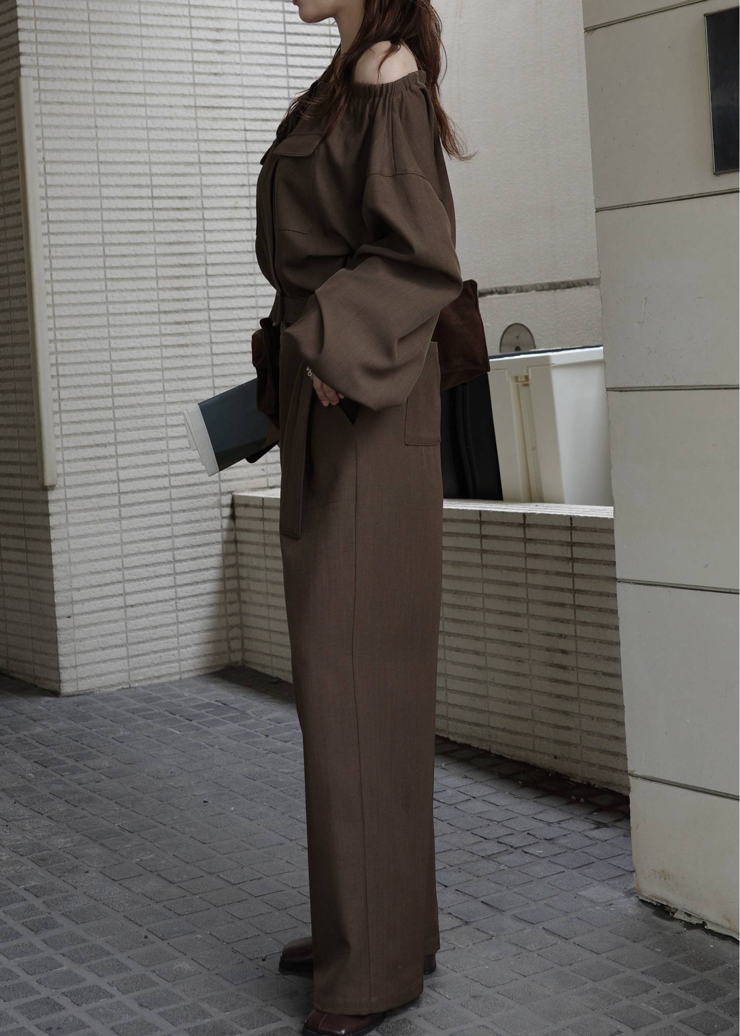 off shoulder shirring blousing all-in-one