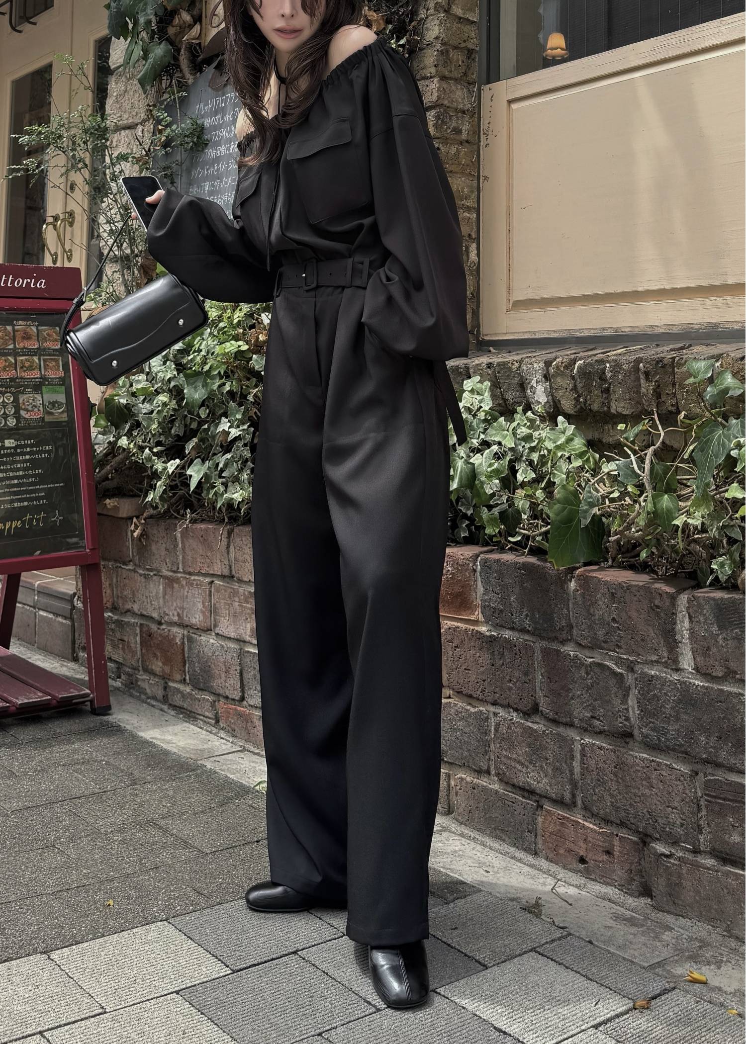 off shoulder shirring blousing all-in-one