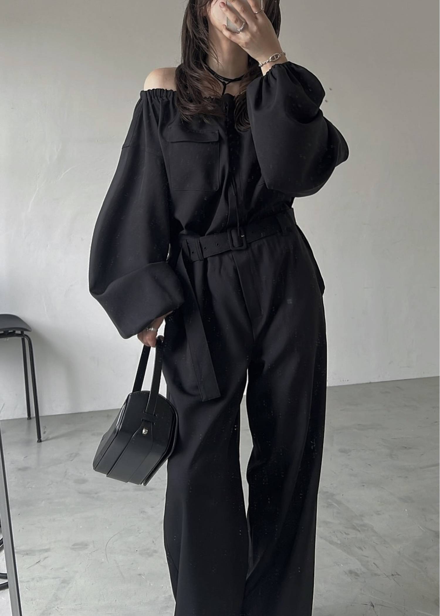 off shoulder shirring blousing all-in-one
