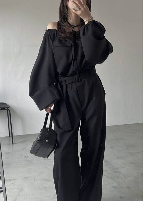off shoulder shirring blousing all-in-one