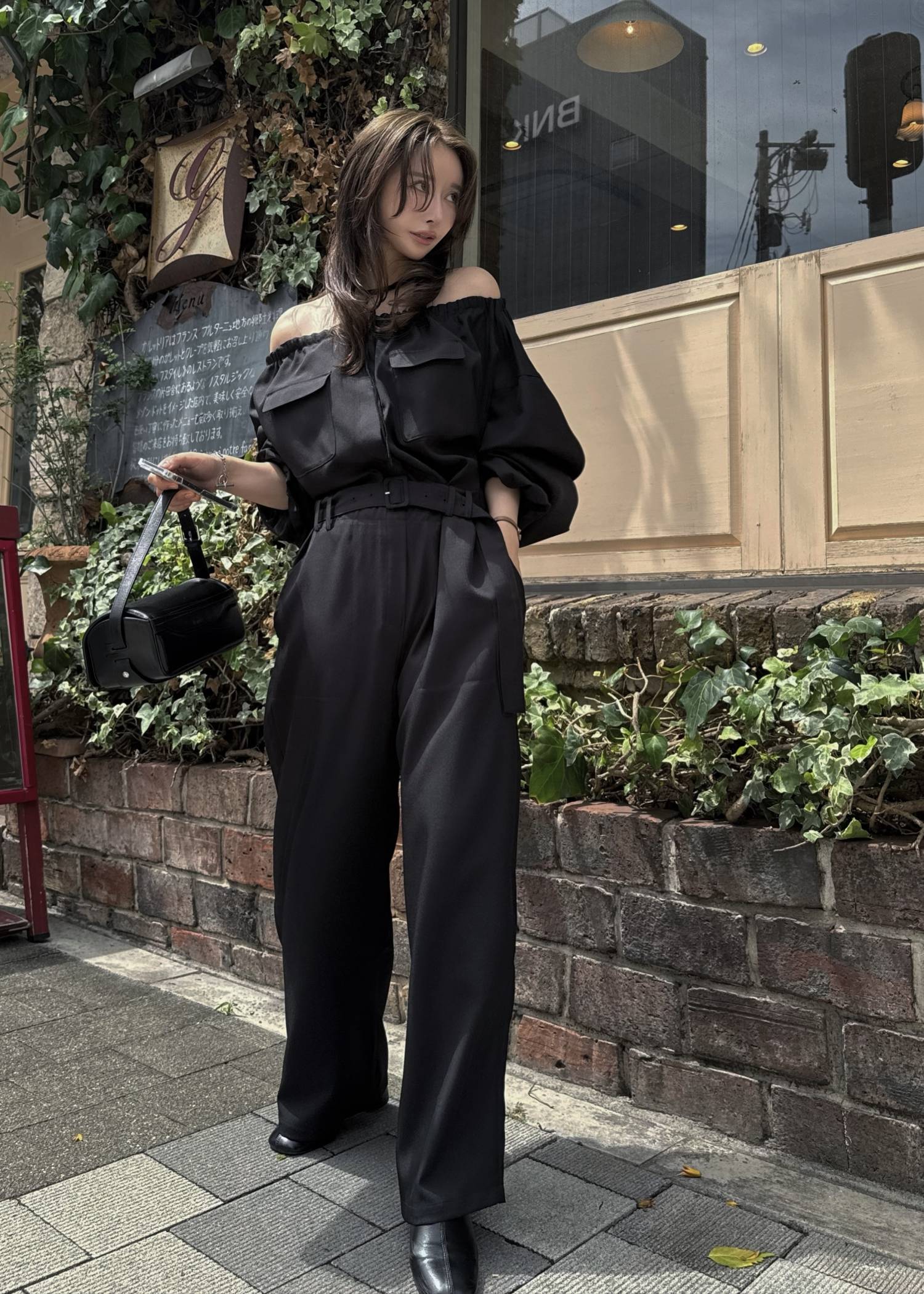 off shoulder shirring blousing all-in-one