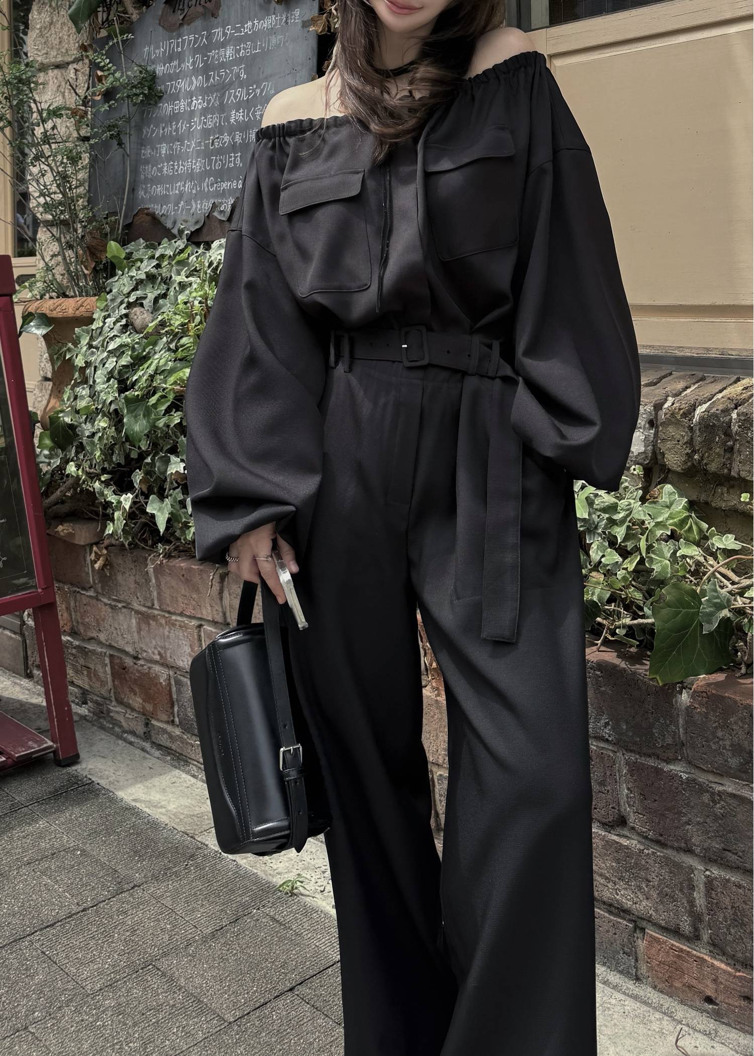 off shoulder shirring blousing all-in-one