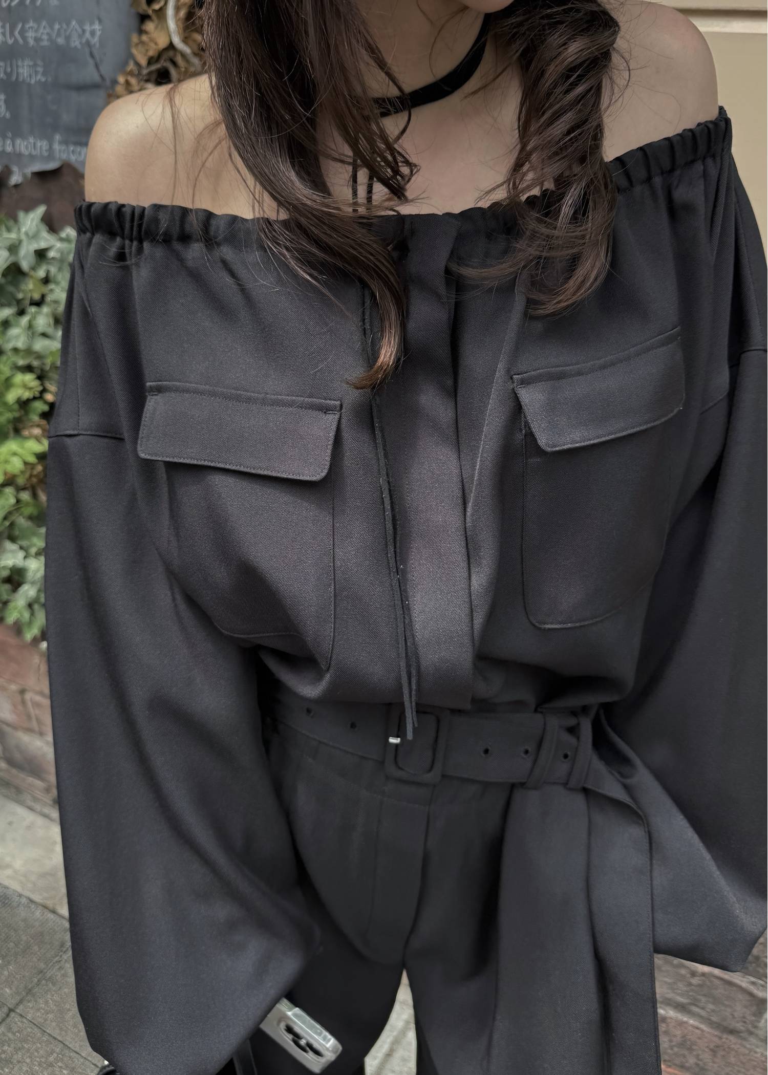 off shoulder shirring blousing all-in-one