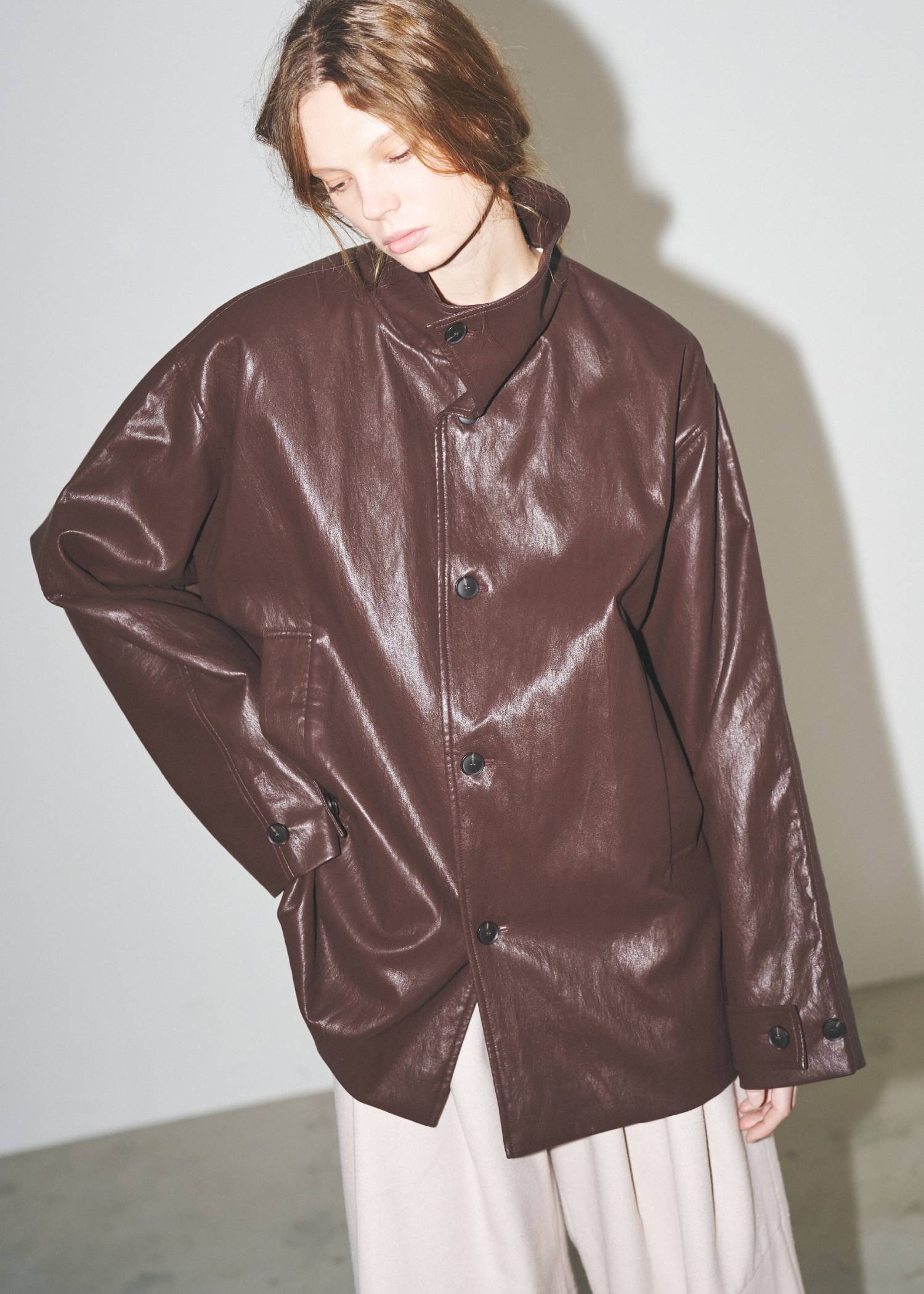 stand collar over size synthetic leather JK