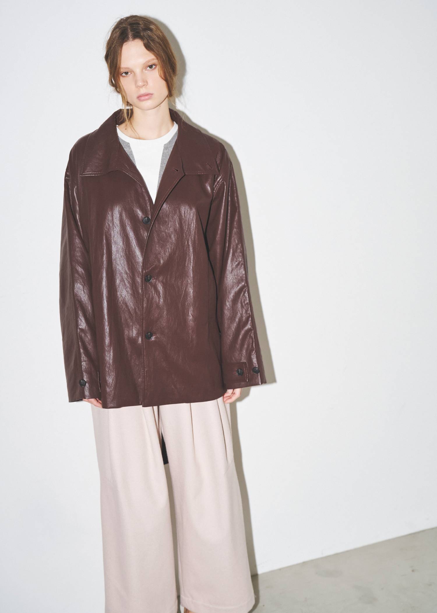 stand collar over size synthetic leather JK