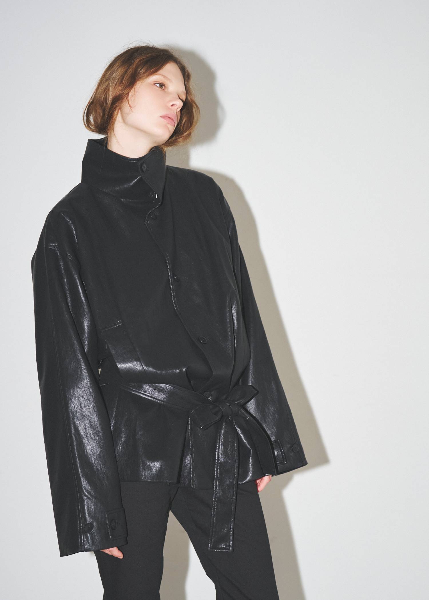 stand collar over size synthetic leather JK