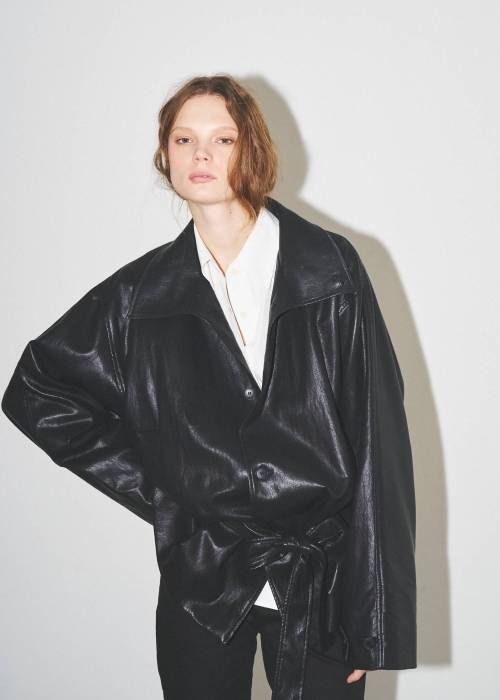 stand collar over size synthetic leather JK
