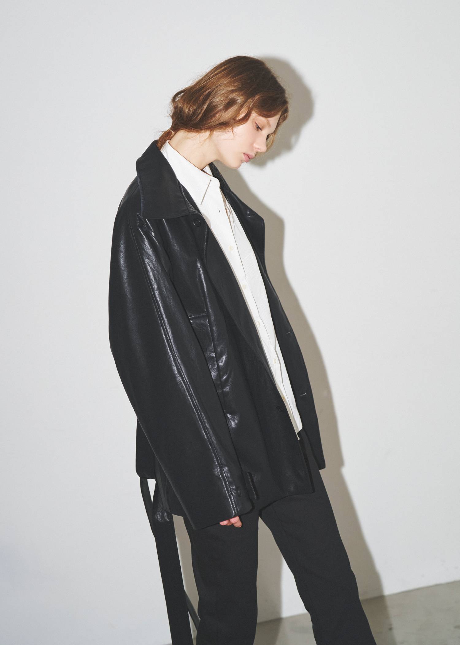 stand collar over size synthetic leather JK