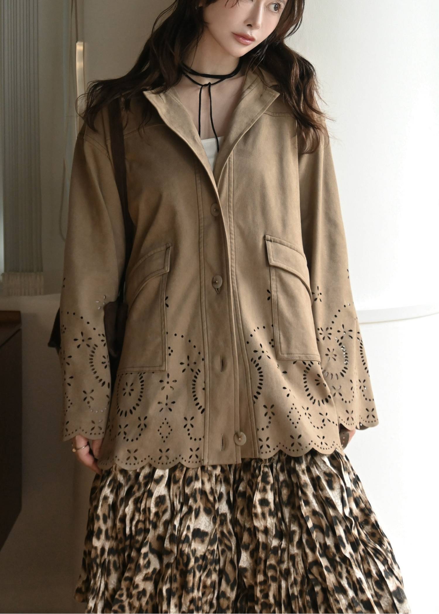 scalloped punch faux suede shirt JK