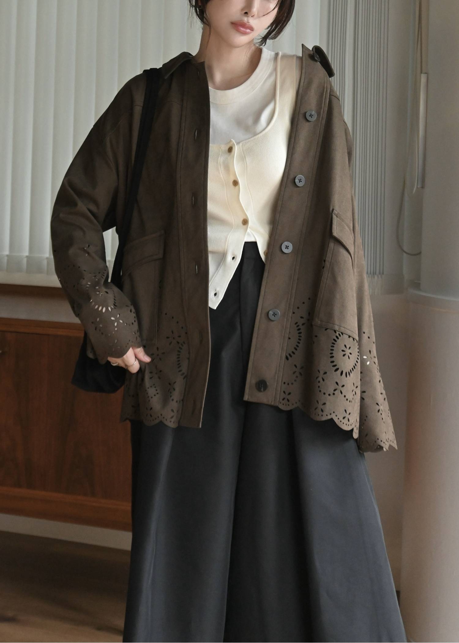 scalloped punch faux suede shirt JK