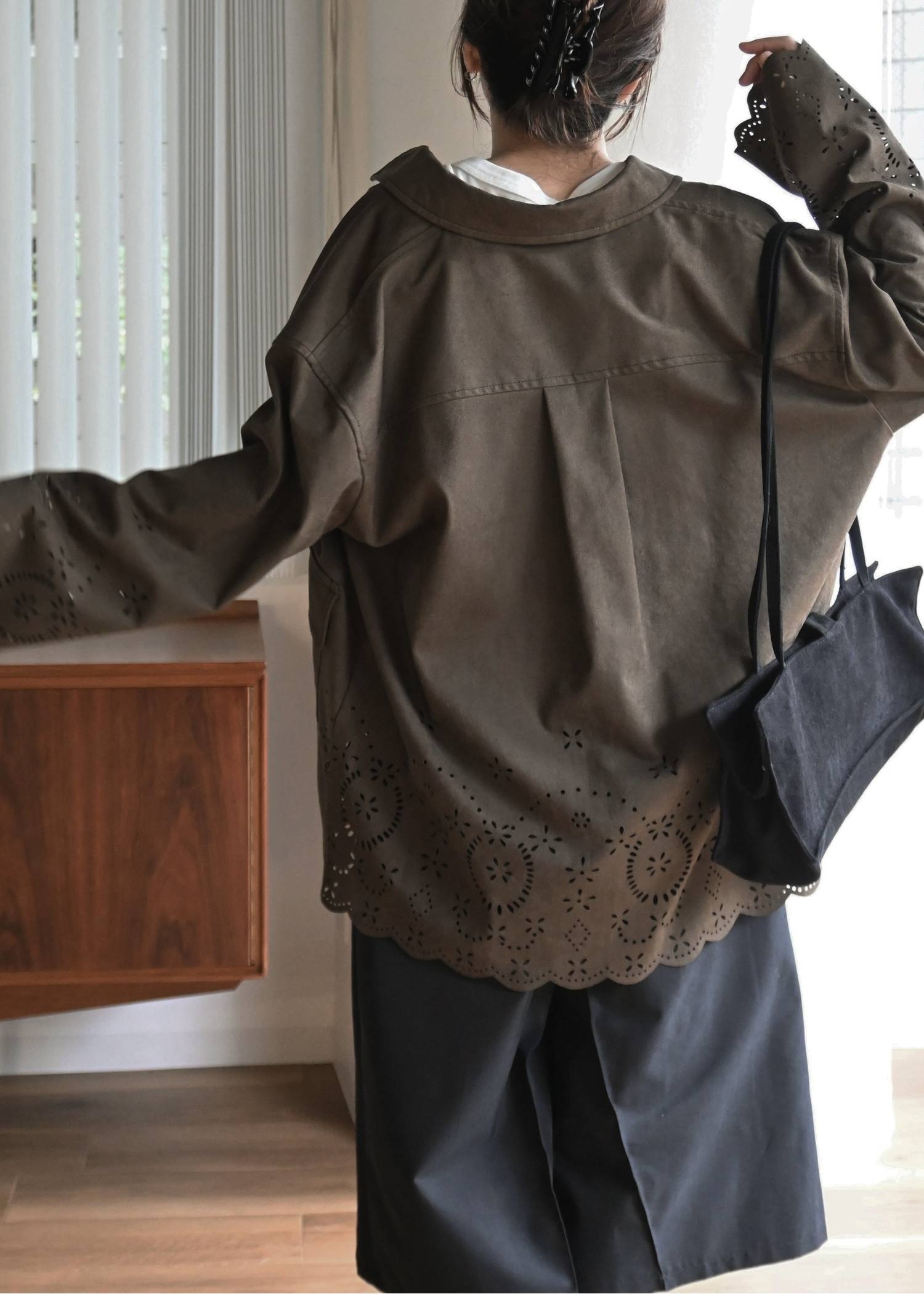 scalloped punch faux suede shirt JK