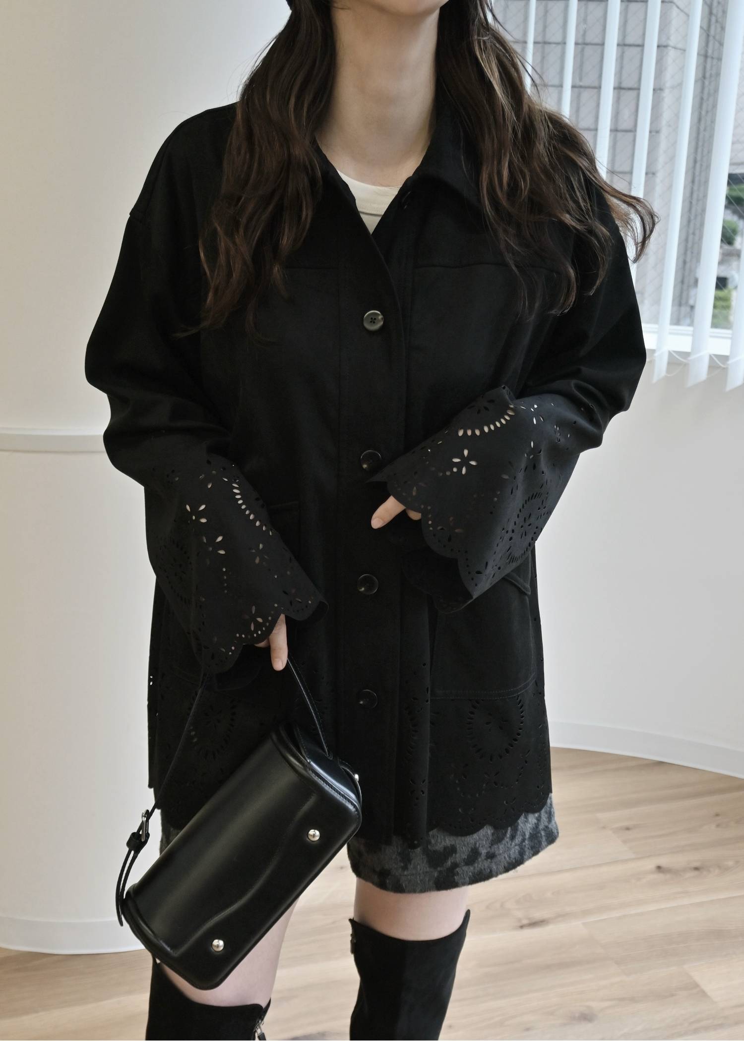 scalloped punch faux suede shirt JK