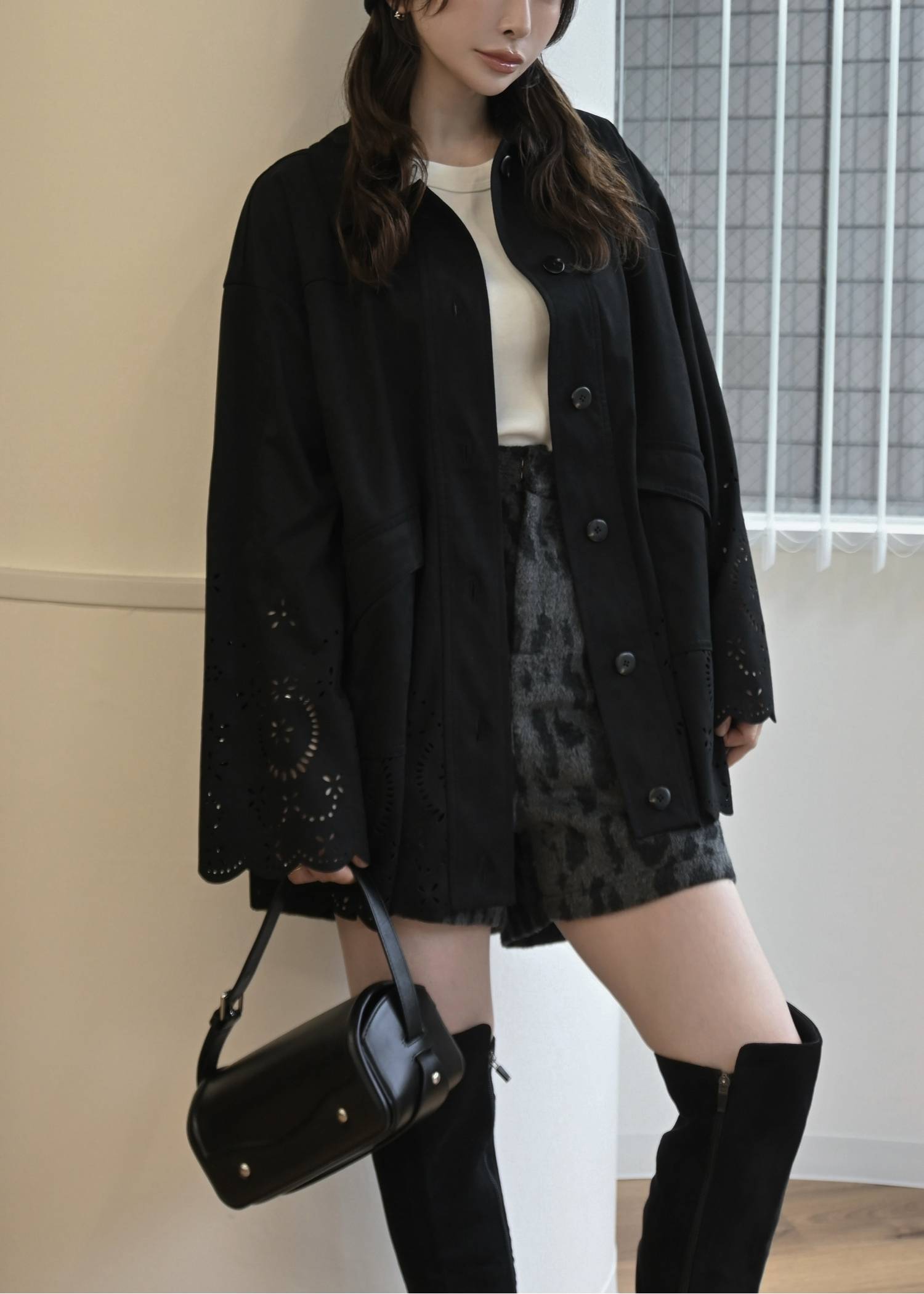 scalloped punch faux suede shirt JK