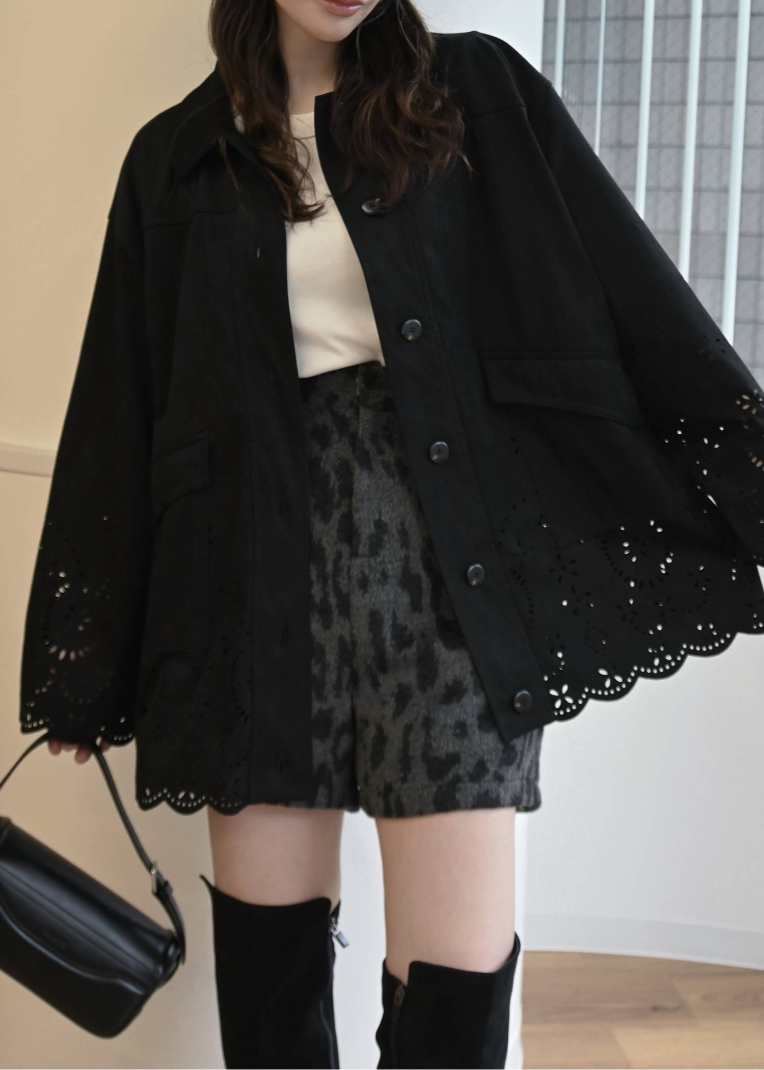 scalloped punch faux suede shirt JK