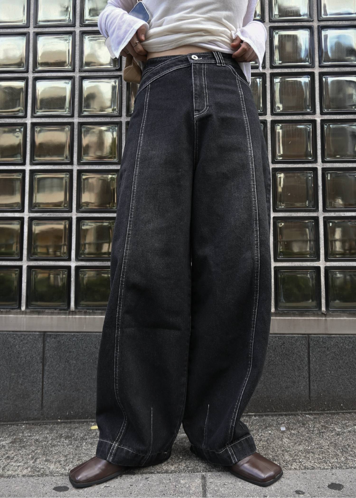 asymmetry curve belt denim PT