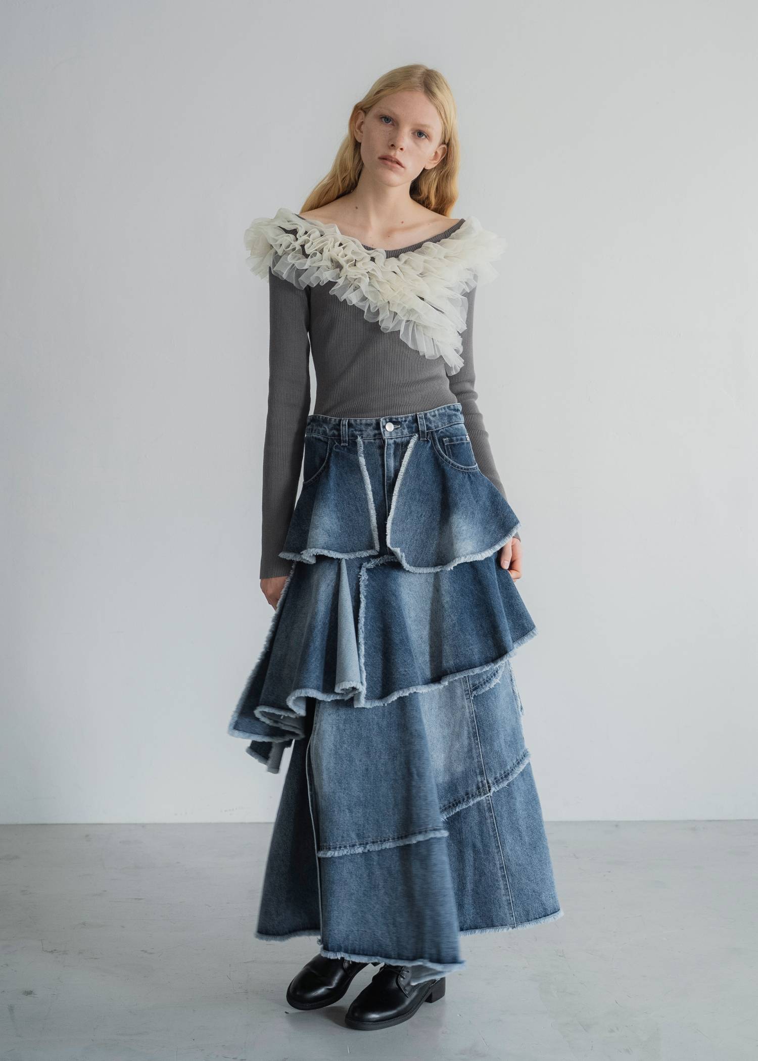 random tiered frill denim SK