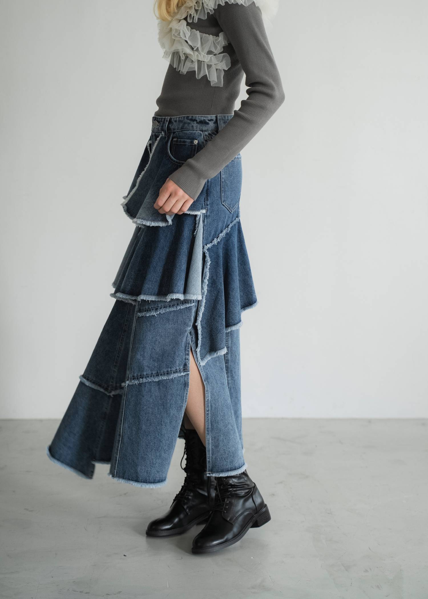 random tiered frill denim SK