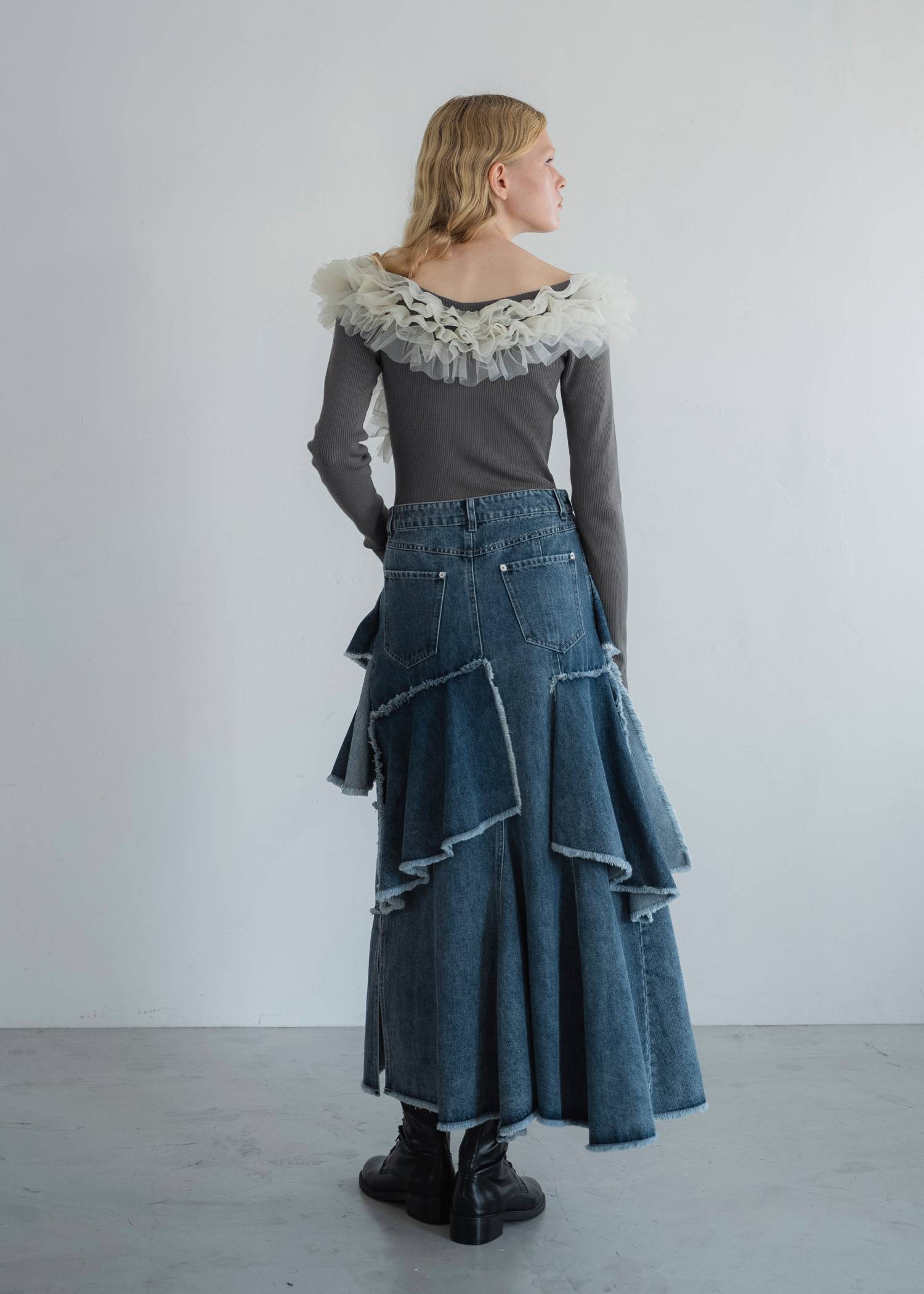random tiered frill denim SK