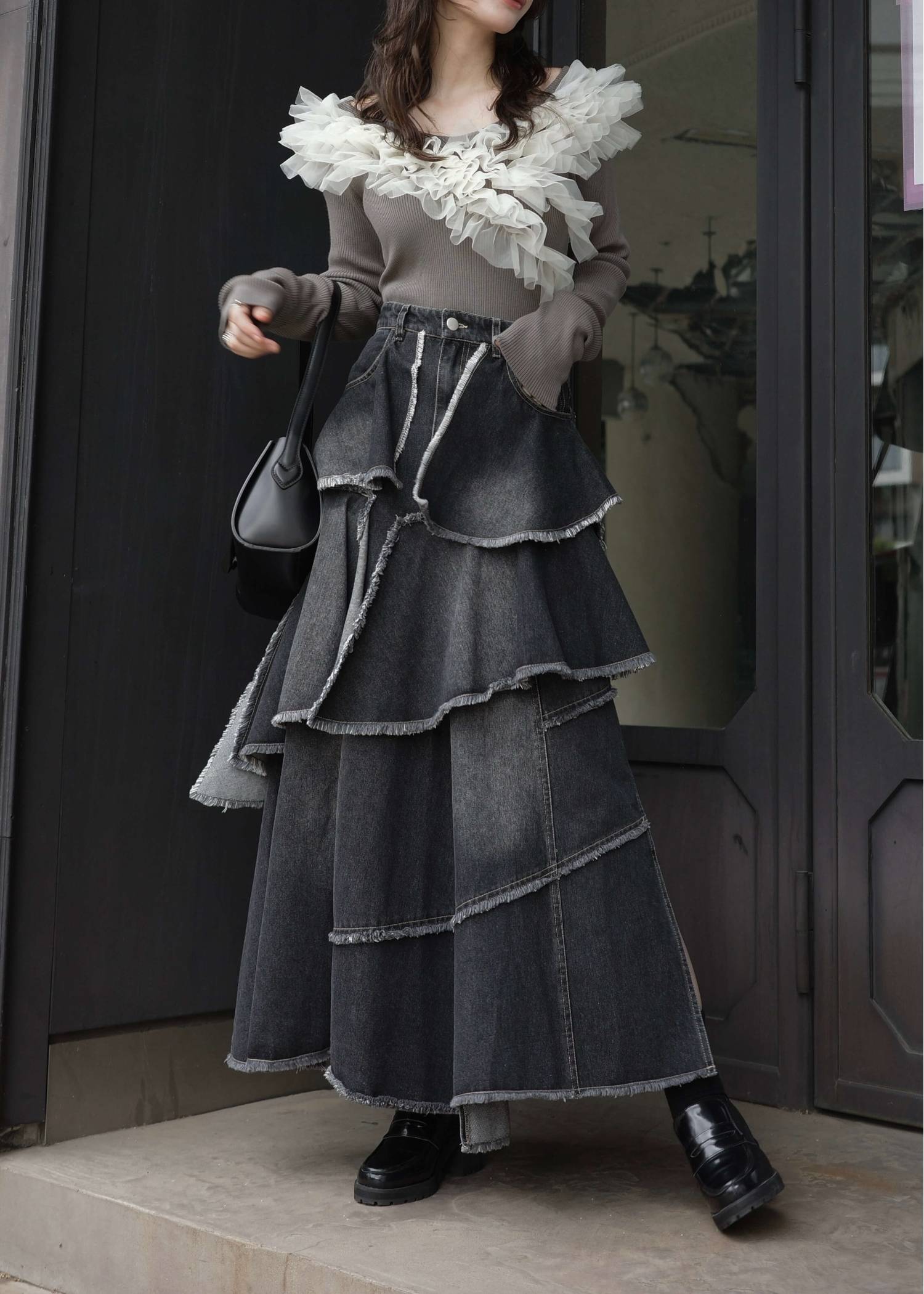 random tiered frill denim SK