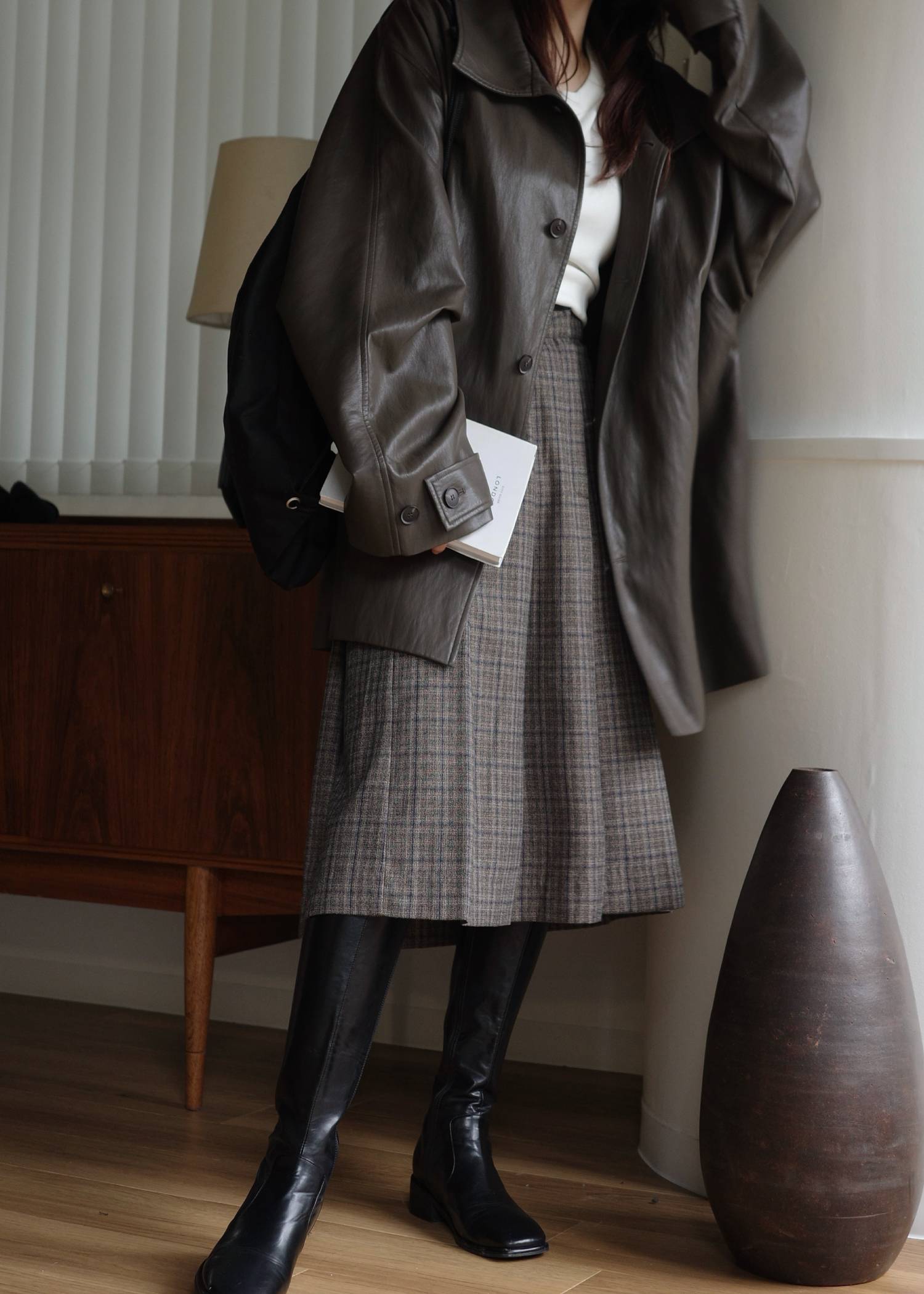 synthetic leather piping pleats check SK