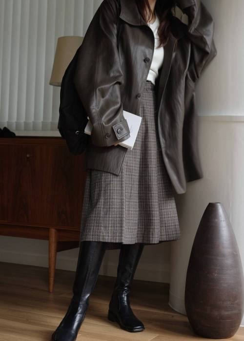 synthetic leather piping pleats check SK