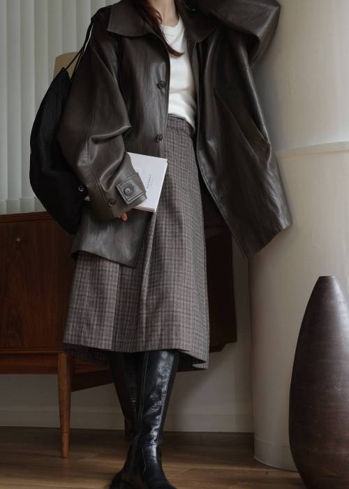 synthetic leather piping pleats check SK