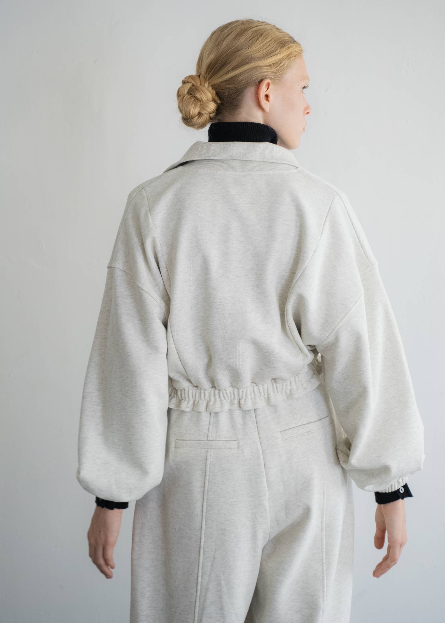 half button cropped stand collar sweat tops