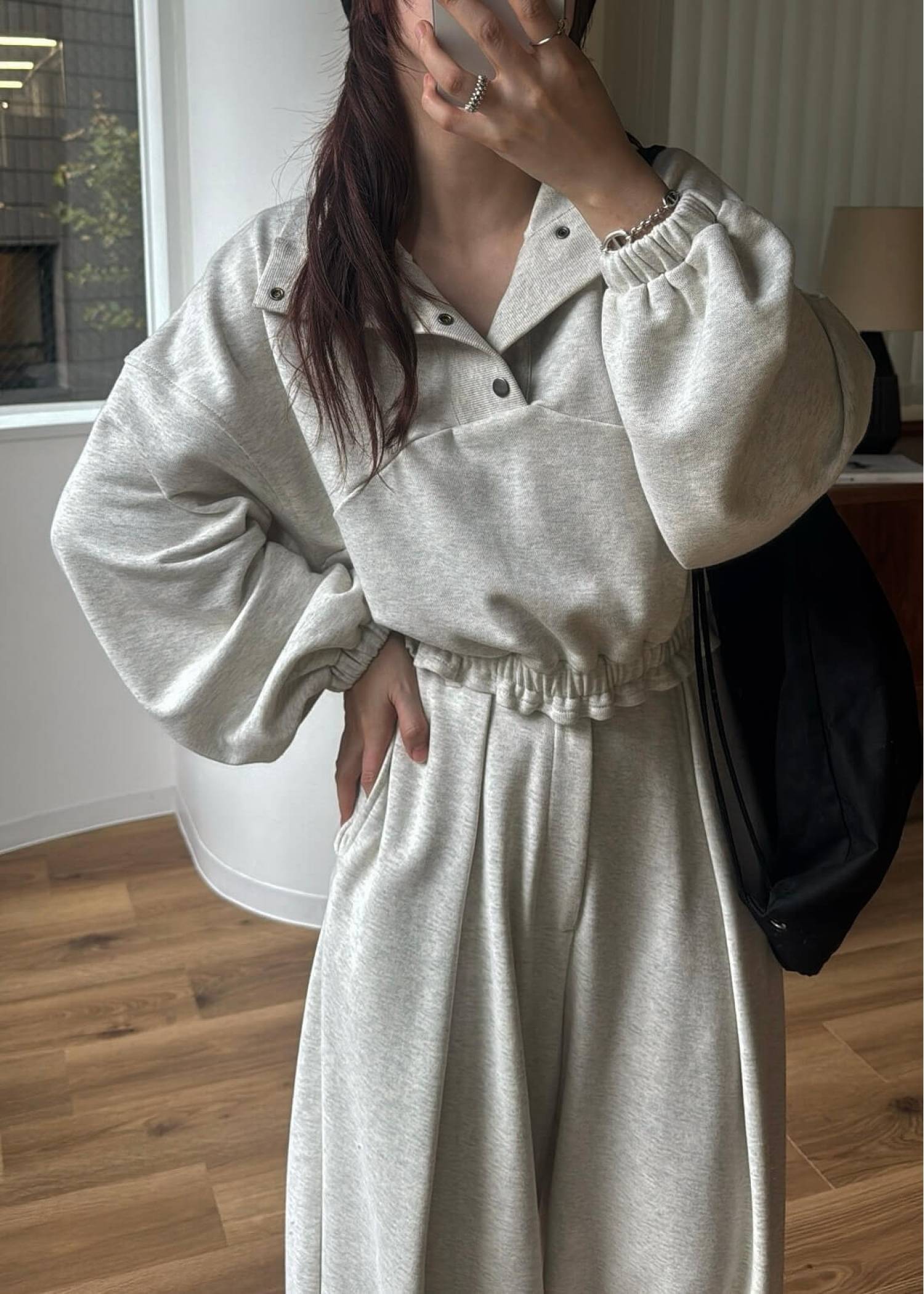 half button cropped stand collar sweat tops