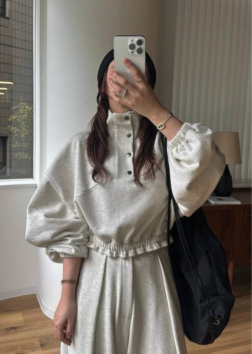 half button cropped stand collar sweat tops