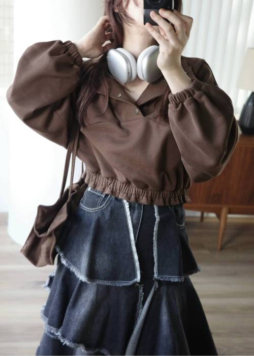half button cropped stand collar sweat tops