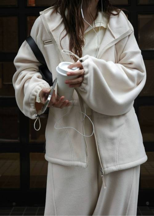 drawstring piping fleece tops