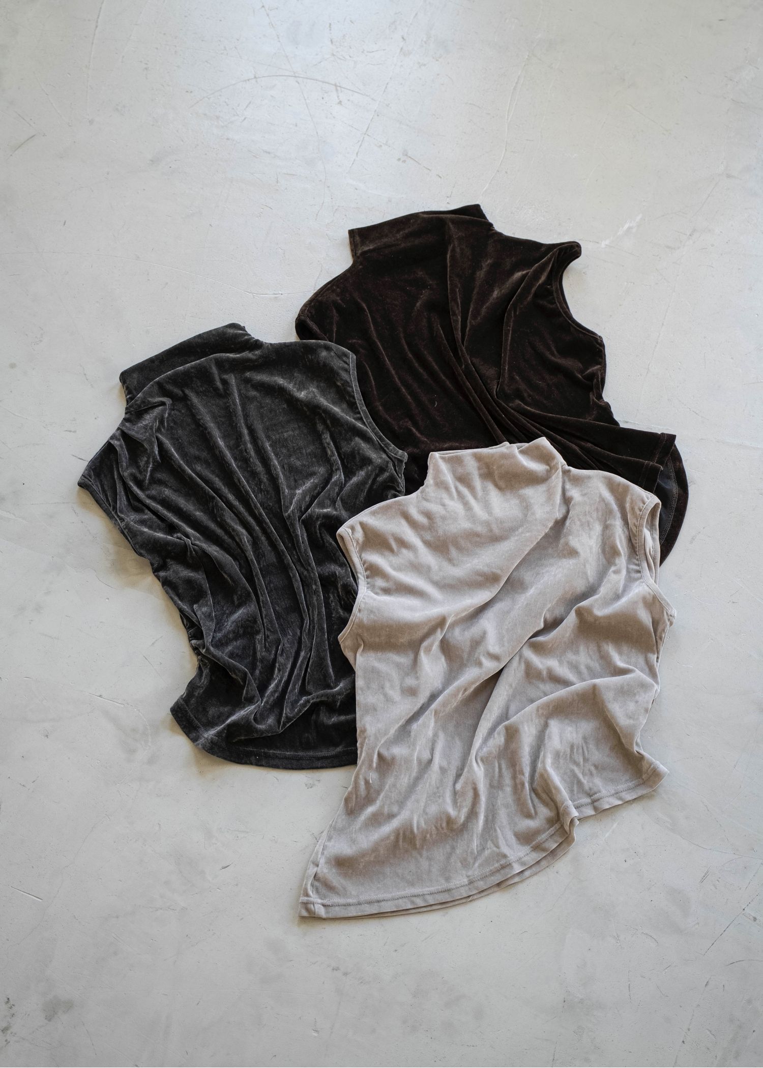 stretch sheer velour bottle neck no sleeve tops