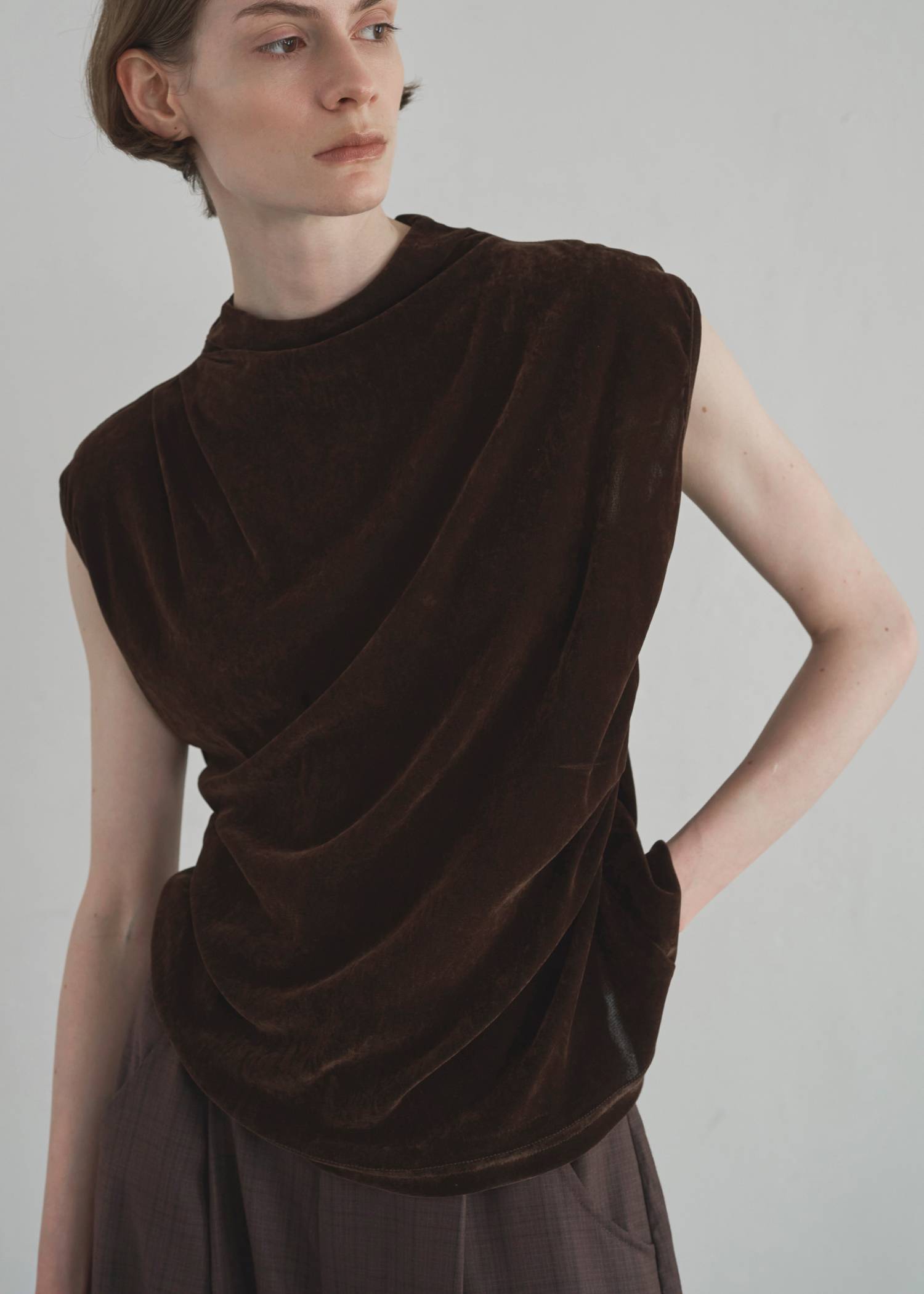 stretch sheer velour bottle neck no sleeve tops