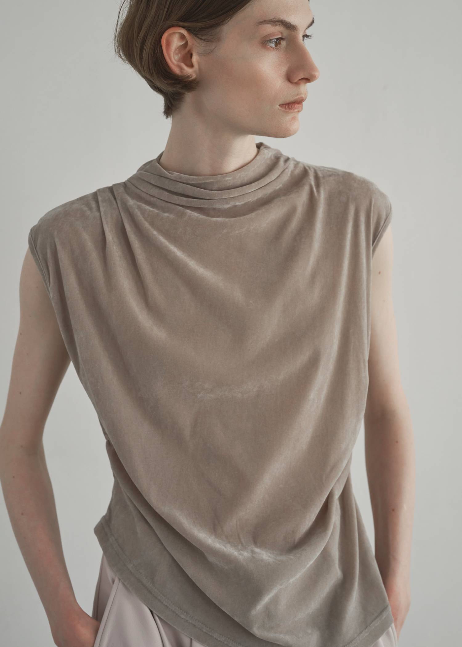 stretch sheer velour bottle neck no sleeve tops