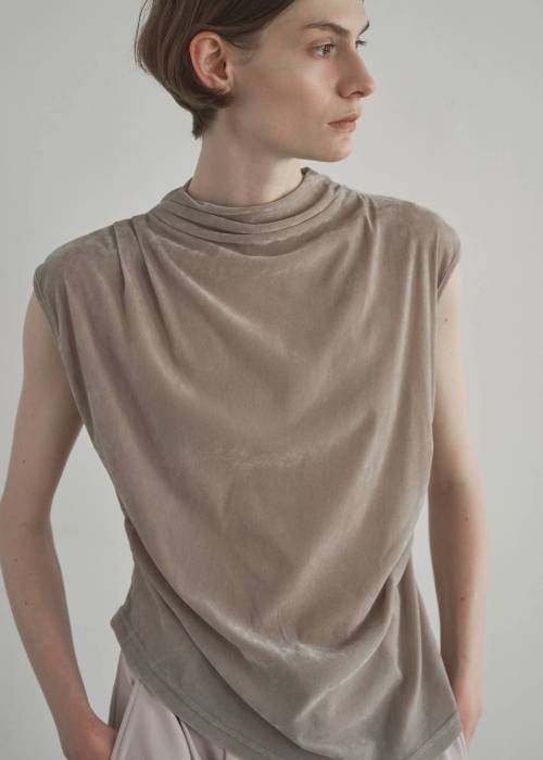 stretch sheer velour bottle neck no sleeve tops