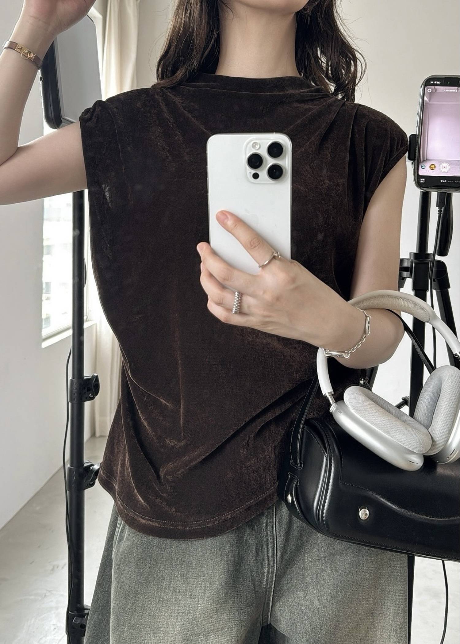 stretch sheer velour bottle neck no sleeve tops