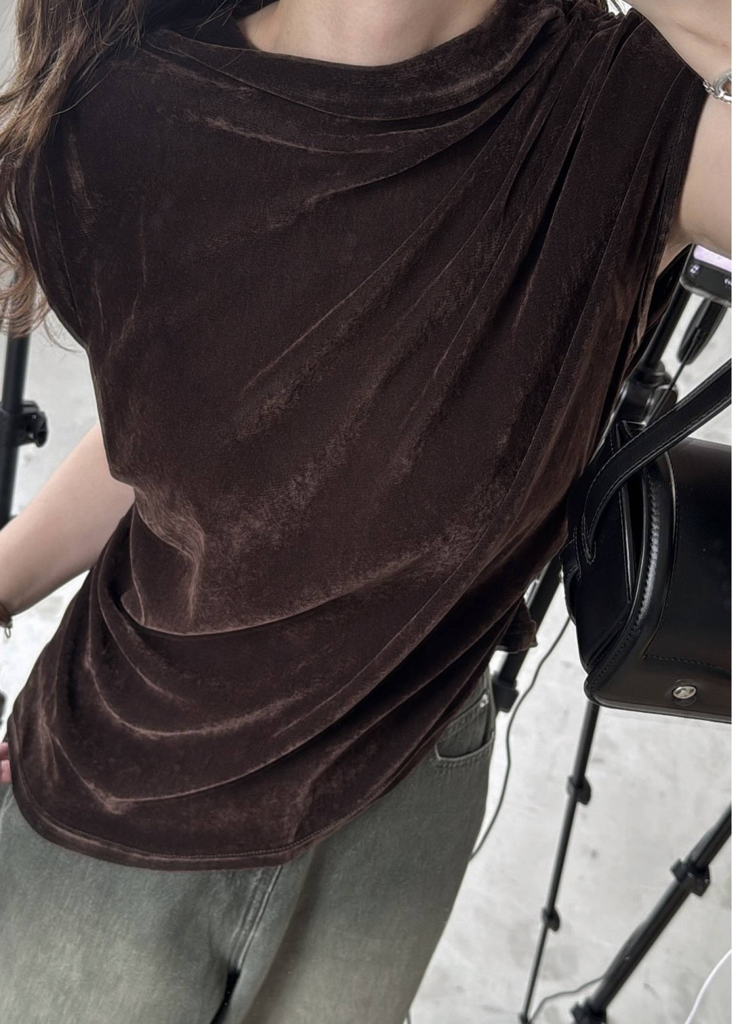 stretch sheer velour bottle neck no sleeve tops