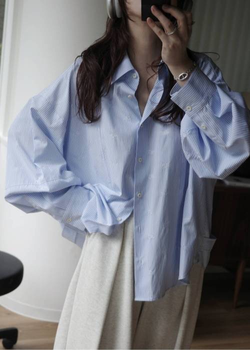 hem tab back volume cocoon stripe shirt
