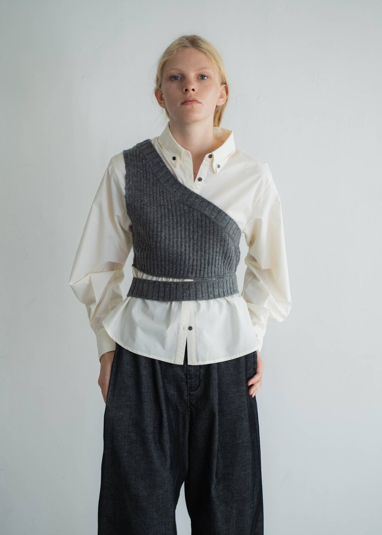 one shoulder knit fold collar docking SH