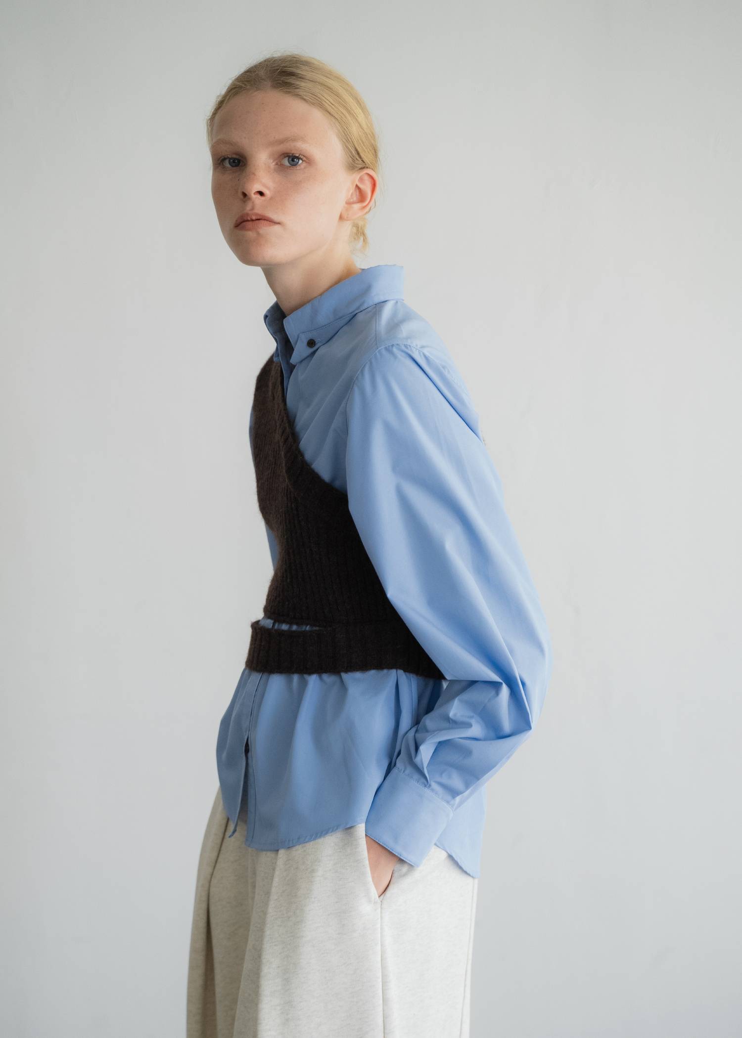 one shoulder knit fold collar docking SH