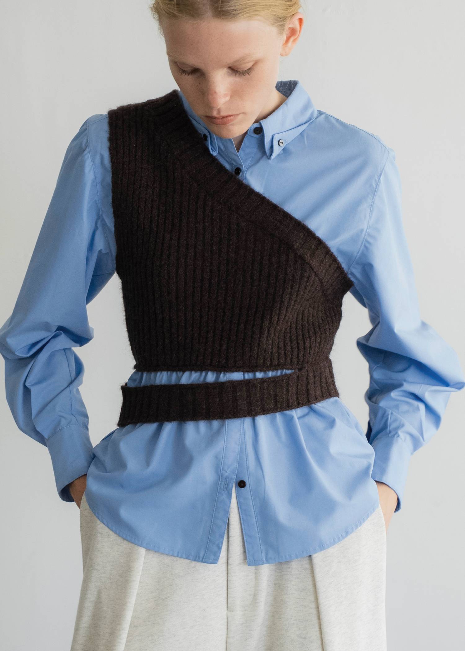 one shoulder knit fold collar docking SH