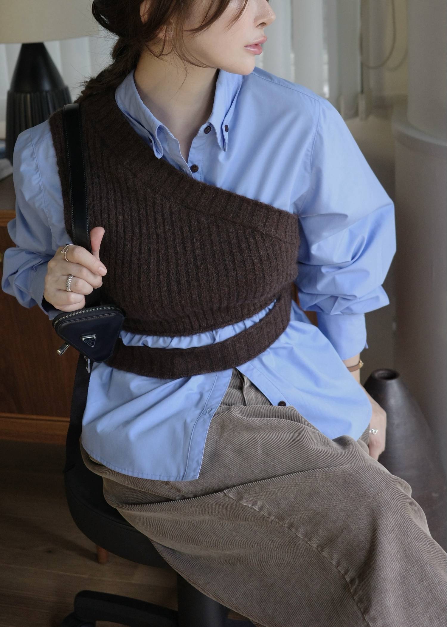 one shoulder knit fold collar docking SH