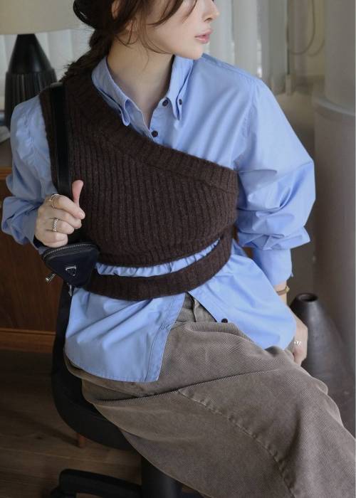 one shoulder knit fold collar docking SH