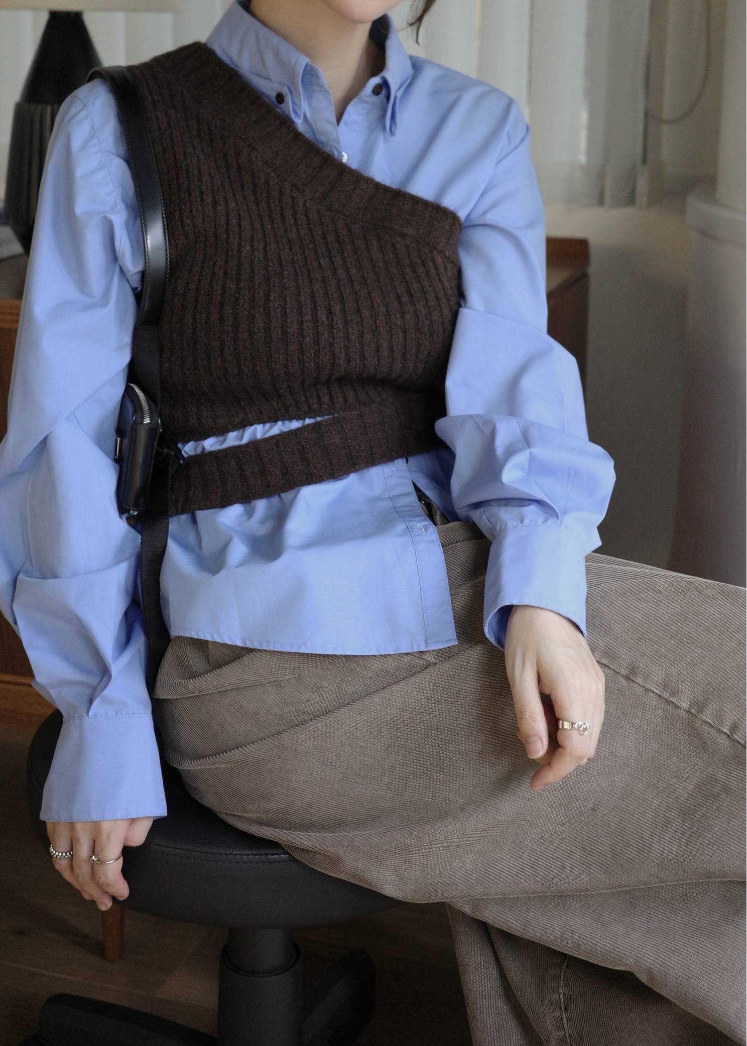 one shoulder knit fold collar docking SH