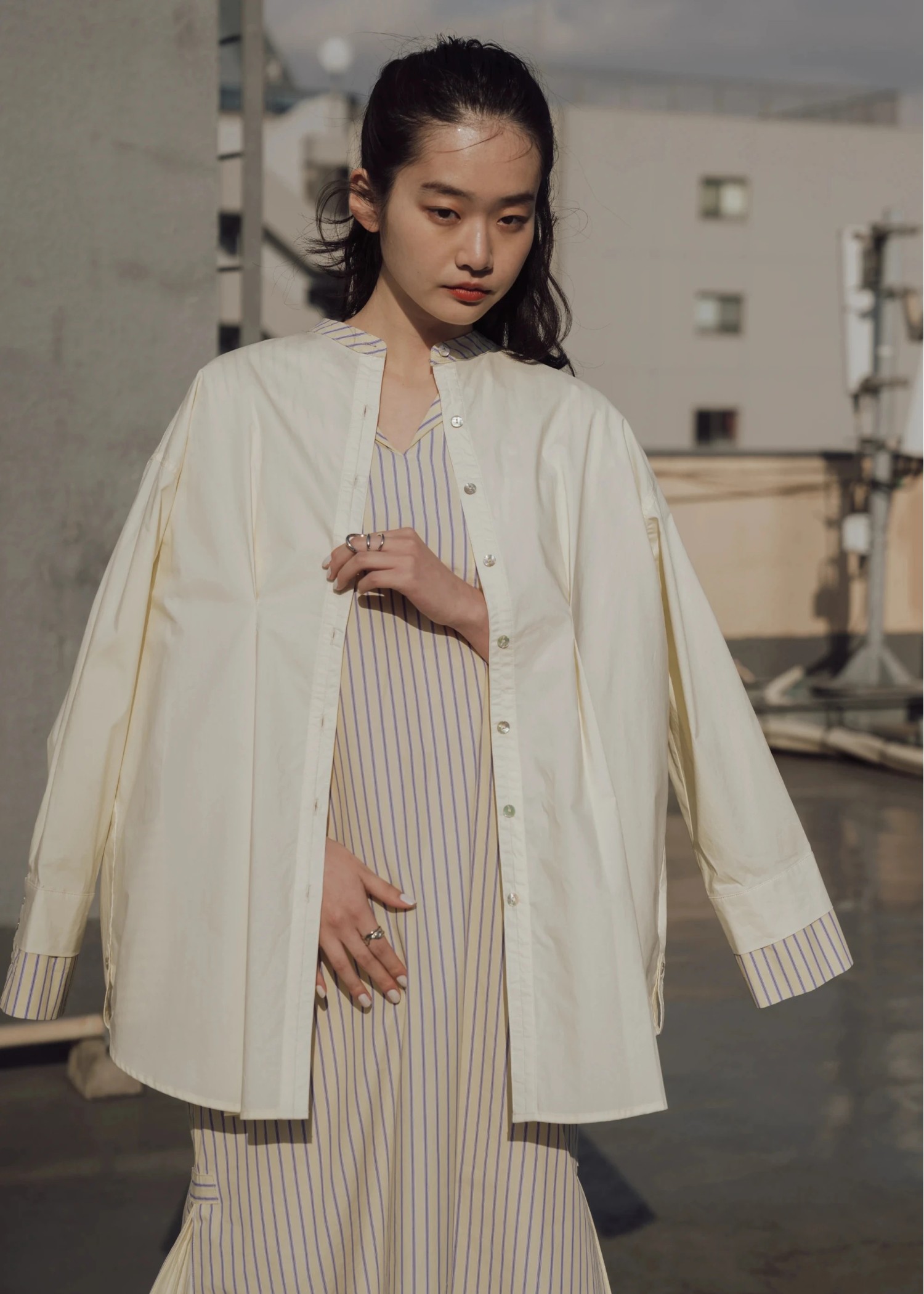 stripe bi collar double cuffs tuck shirt